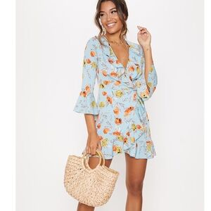 NWT Turquoise Floral Printed Frill Wrap Tea Dress